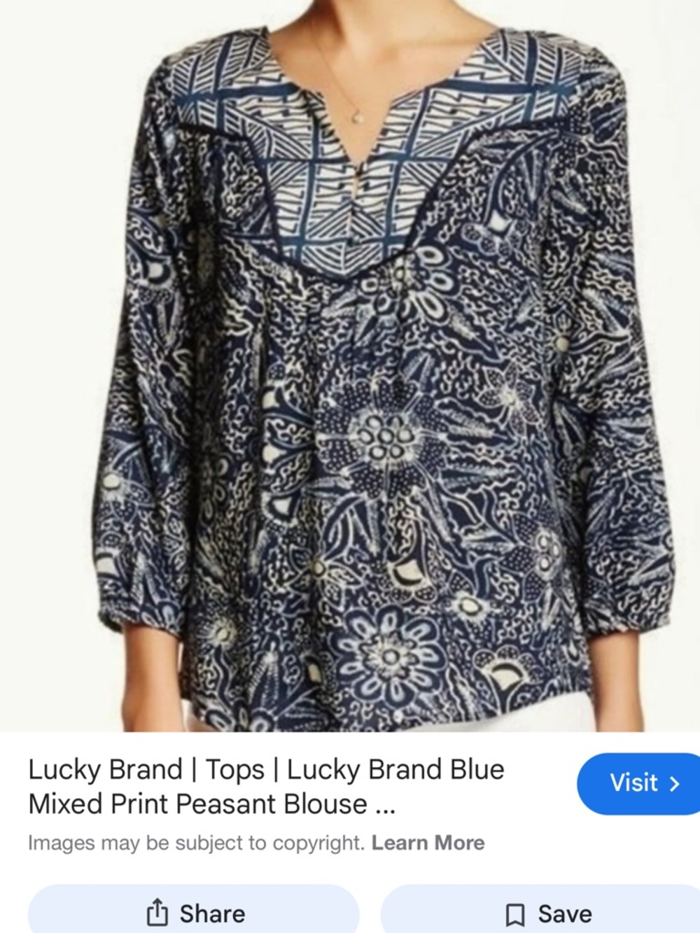 Lucky Brand Navy and White Mixed-Print Peasant Top